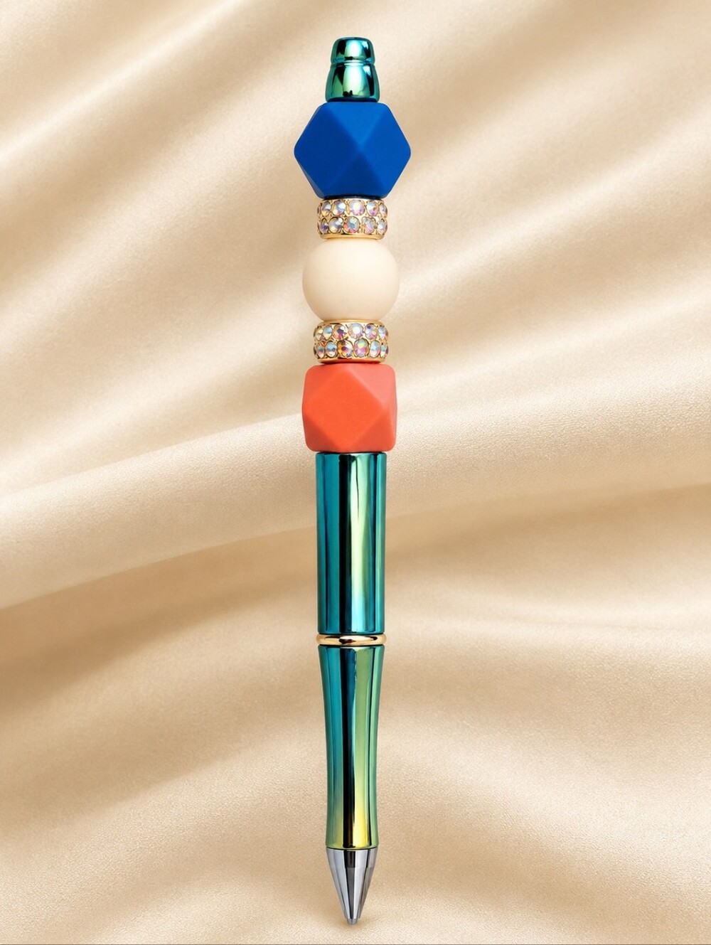 Stylish Beaded Ballpoint Pen - Blue, Coral & Cream Accent
